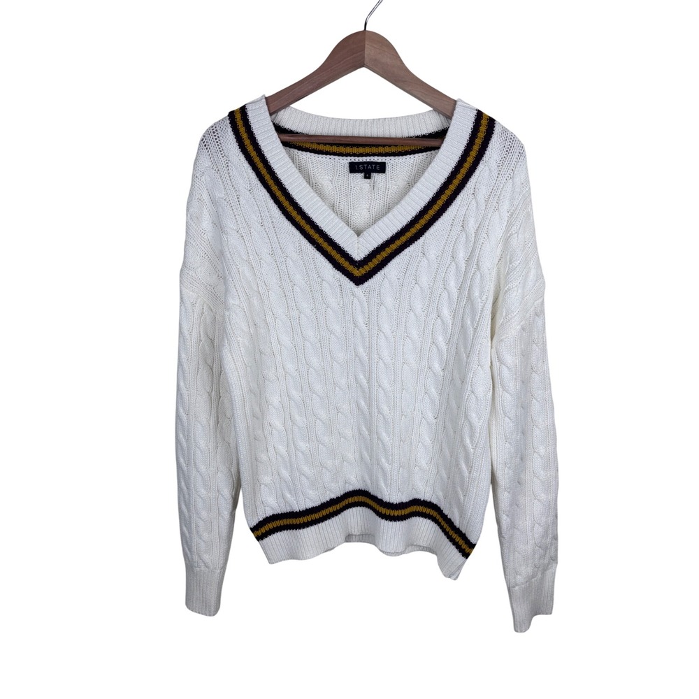 1.STATE Sweater Small Cable Knit V Neck Preppy Collegiate Academia Tennis